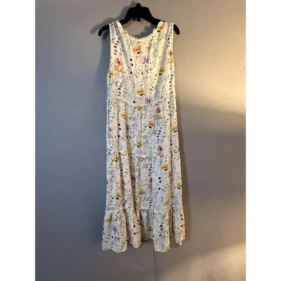 Linda Anderson Dress Womens L White Floral V Neck Tiered Swing Midi Sundress - Picture 2 of 14
